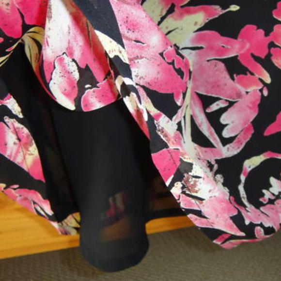 New * Beautiful SEXY * BLACK Chiffon TROPICAL FERNS FLOWERS midi slvls dress - M - Picture 4 of 4